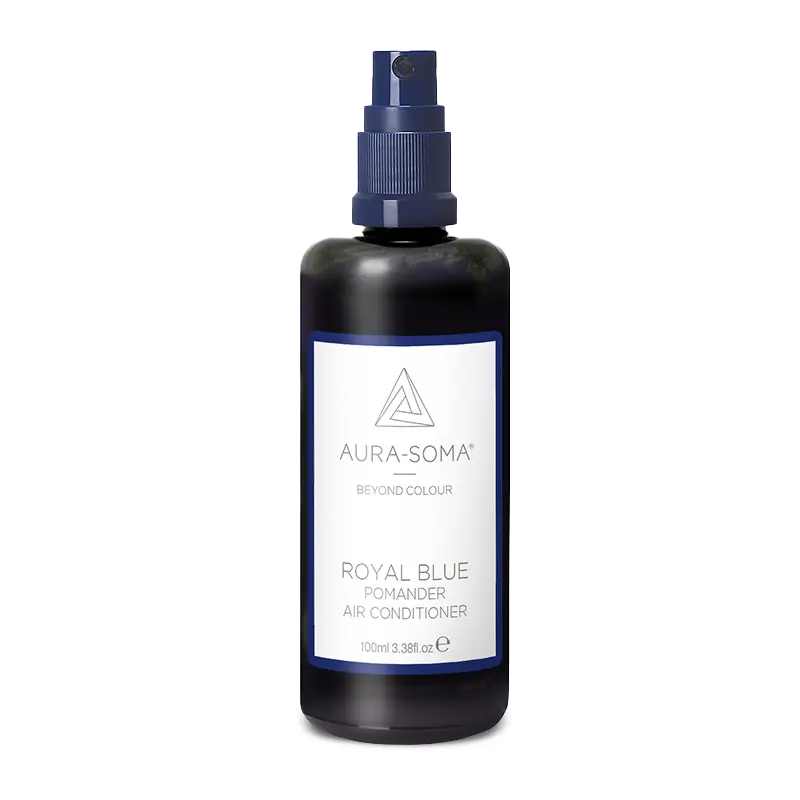 Aura-Soma Pomander Raumspray Royal Blue – Braunes Sprayfläschchen mit Sprühkopf, enthält eine Duftkomposition zur energetischen Raumpflege.