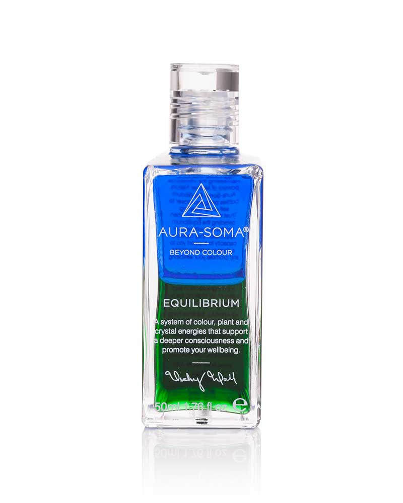 Aura-Soma Equilibrium Flasche B003 Herzflasche: Blau über Grün. Eine zweischichtige Glasflasche mit klarem Deckel.