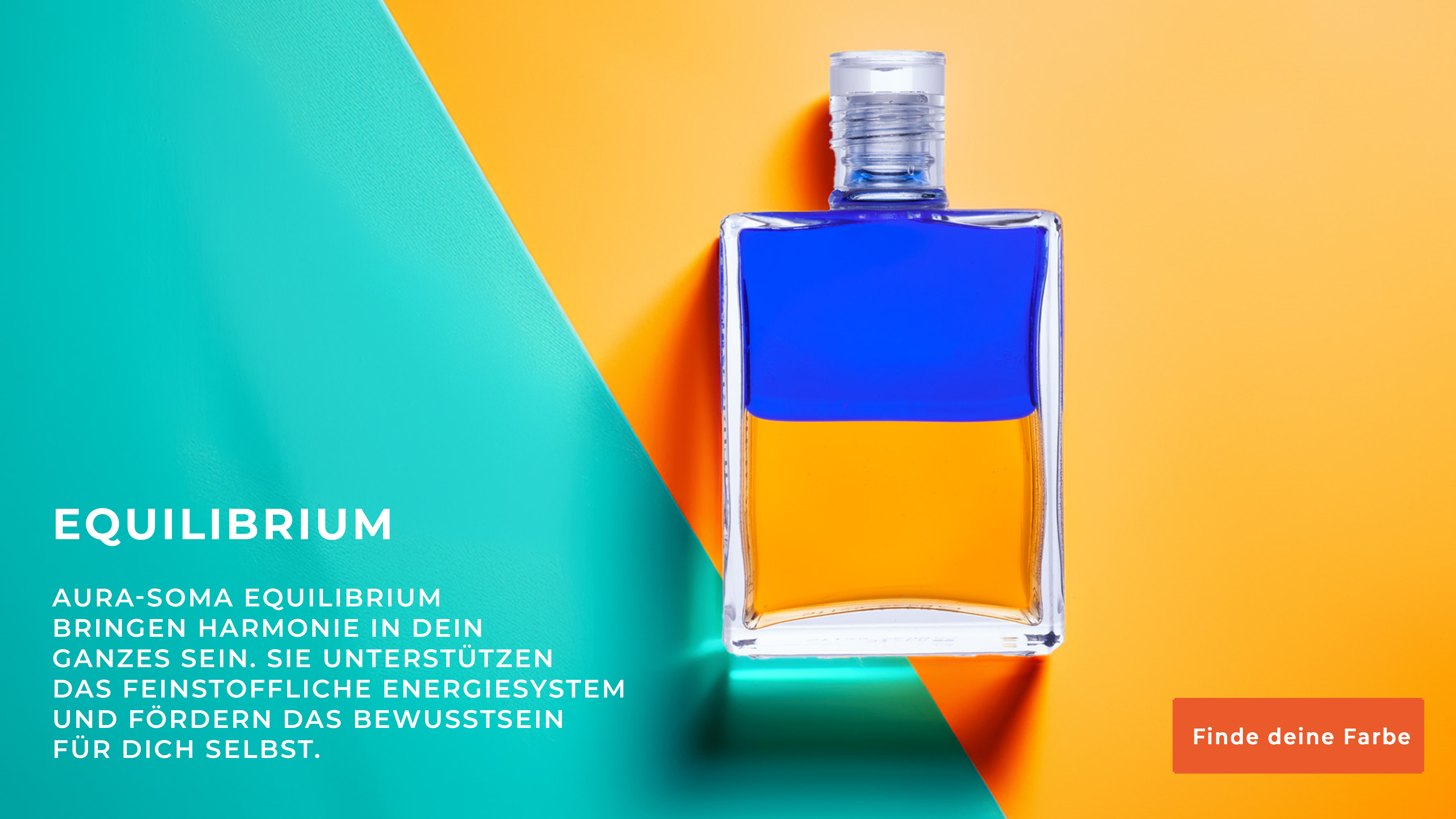 Banner mit einer Aura-Soma Equilibriumflasche in Blau über Gold. Der Text auf dem Banner lautet: 'Equilibrium Aura-Soma Equilibrium bringen Harmonie in dein ganzes Sein. Sie unterstützen das feinstoffliche Energiesystem und fördern das Bewusstsein für dic