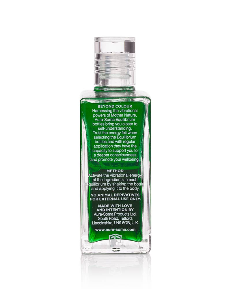 Aura-Soma Equilibrium Flasche B10 Name der Flasche: Geh, und umarme einen Baum: Grün über Grün. Eine zweischichtige Glasflasche mit klarem Deckel. Textansicht