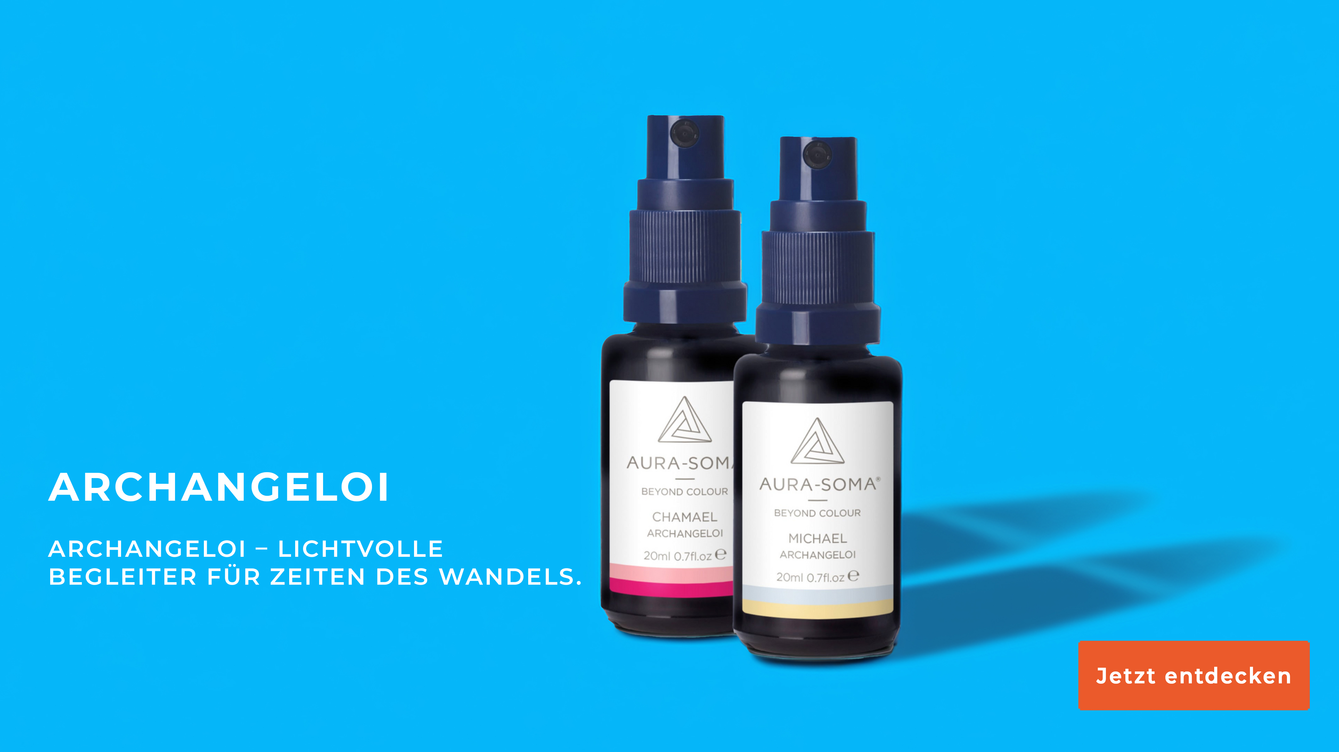 Banner mit zwei ArchAngeloi Raumspray Flaschen, Michael in Blau und Chamuel in Rosa. Der Text auf dem Banner lautet: 'ArchAngeloi: Lichtvolle Begleiter für Zeiten des Wandels.