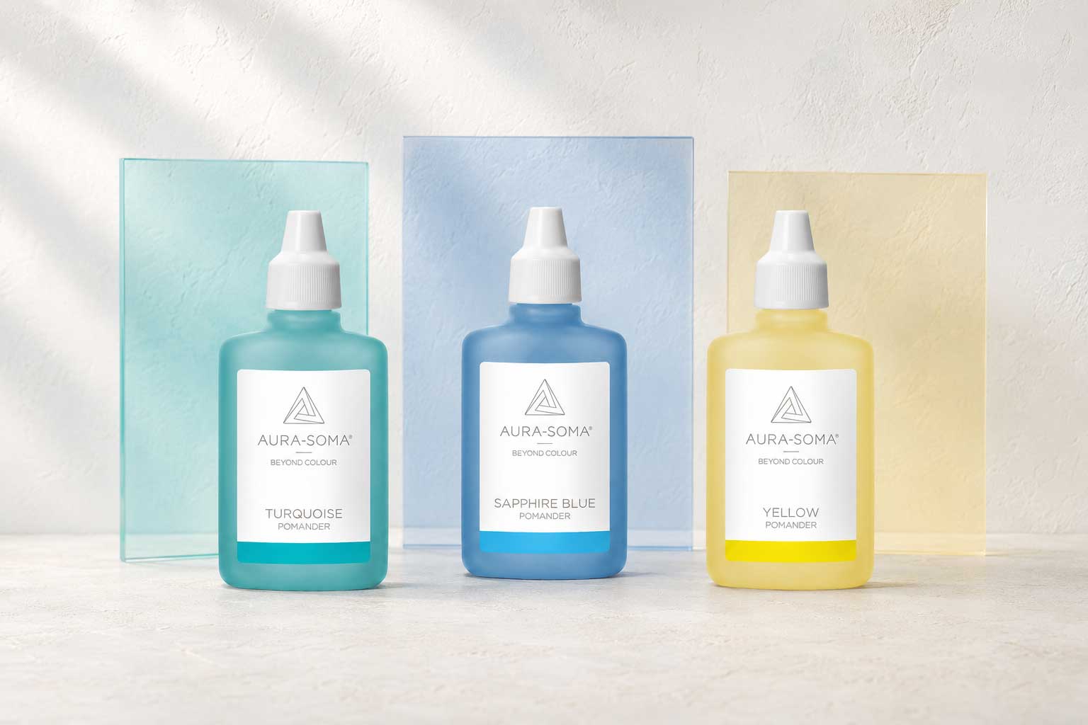 Aura-Soma Pomander Gelb, Saphirblau und Türkis als Farbbegleiter