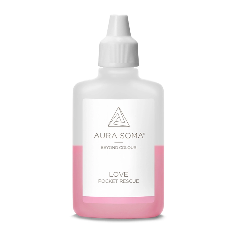 Aura-Soma Pocket Flasche Love Handliches Kunststofffläschchen mit der Aufschrift Love Pocket Rescue und dem Aura-Soma Logo