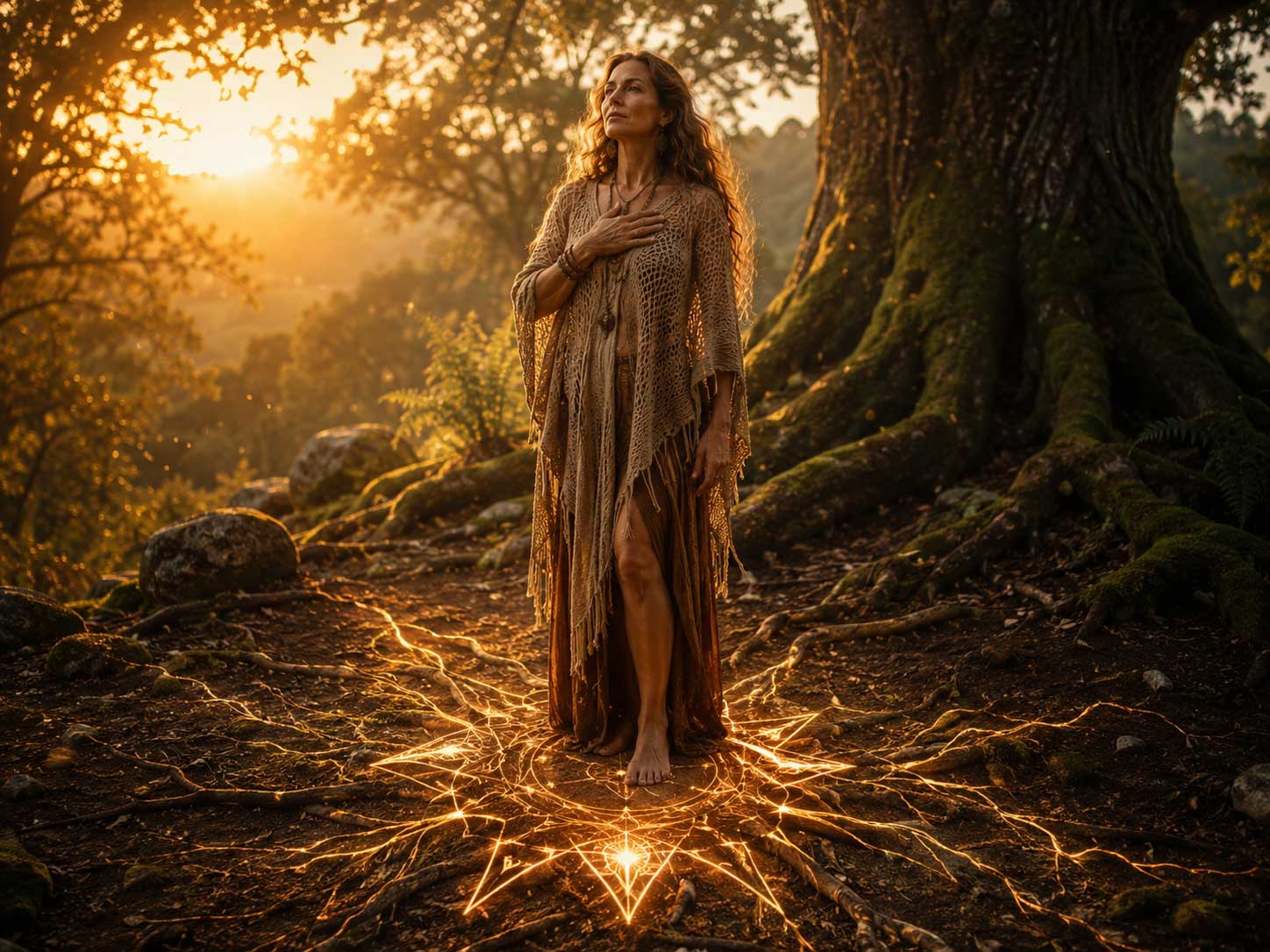 Eine barfüßige Frau im fließenden Gewand steht bei Sonnenuntergang in einem Wald auf einem golden leuchtenden, geometrischen Sternenmuster, das sich wie Wurzeln im Boden ausbreitet.