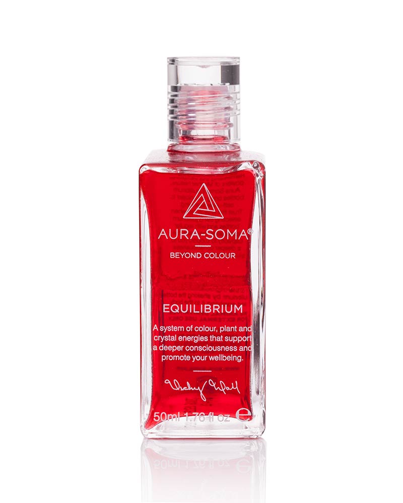 Aura-Soma_Equilibriumflasche_B06_Logoansicht Aura-Soma Equilibrium Flasche B006 Energieflasche: Rot über Rot. Eine zweischichtige Glasflasche mit klarem Deckel. Seitenansicht Logo.