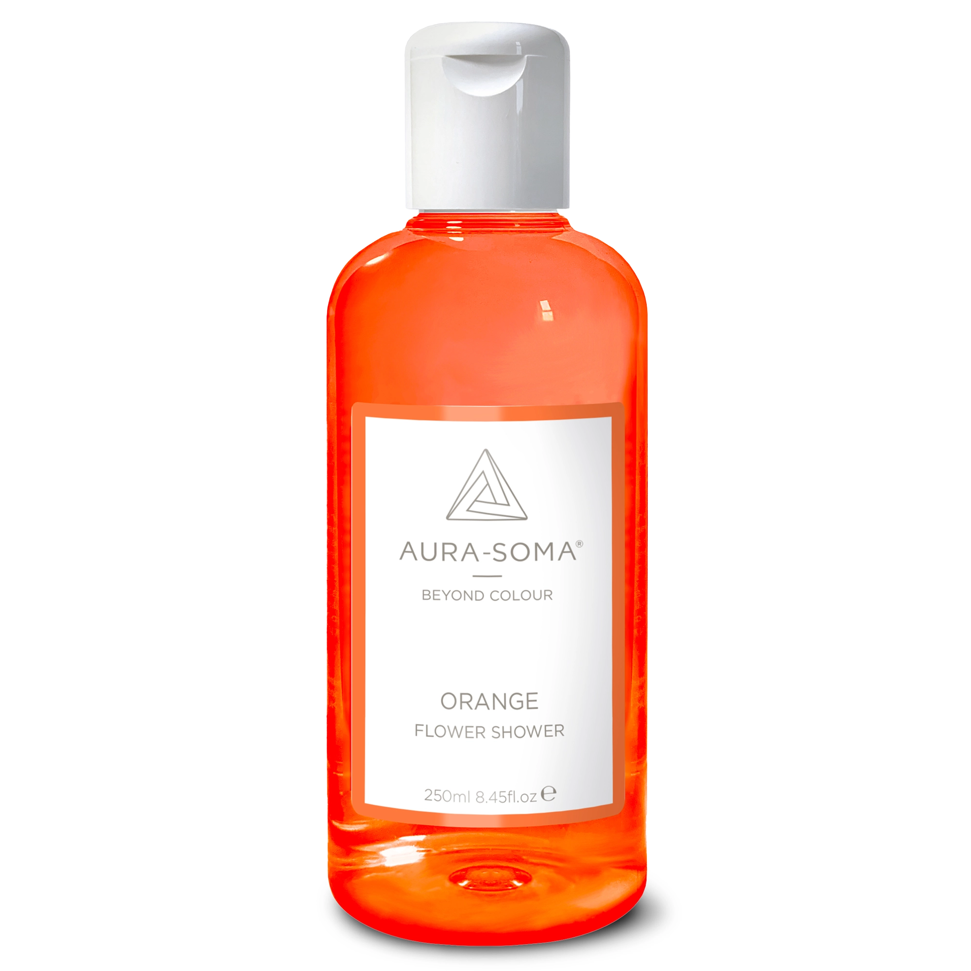Aura-Soma Duschbad Orange Durchsichtige Kunststoffflasche mit weißem Klappverschluss. Enthält orangefarbenes Aura-Soma Duschgel zur energetischen Reinigung und Pflege.
