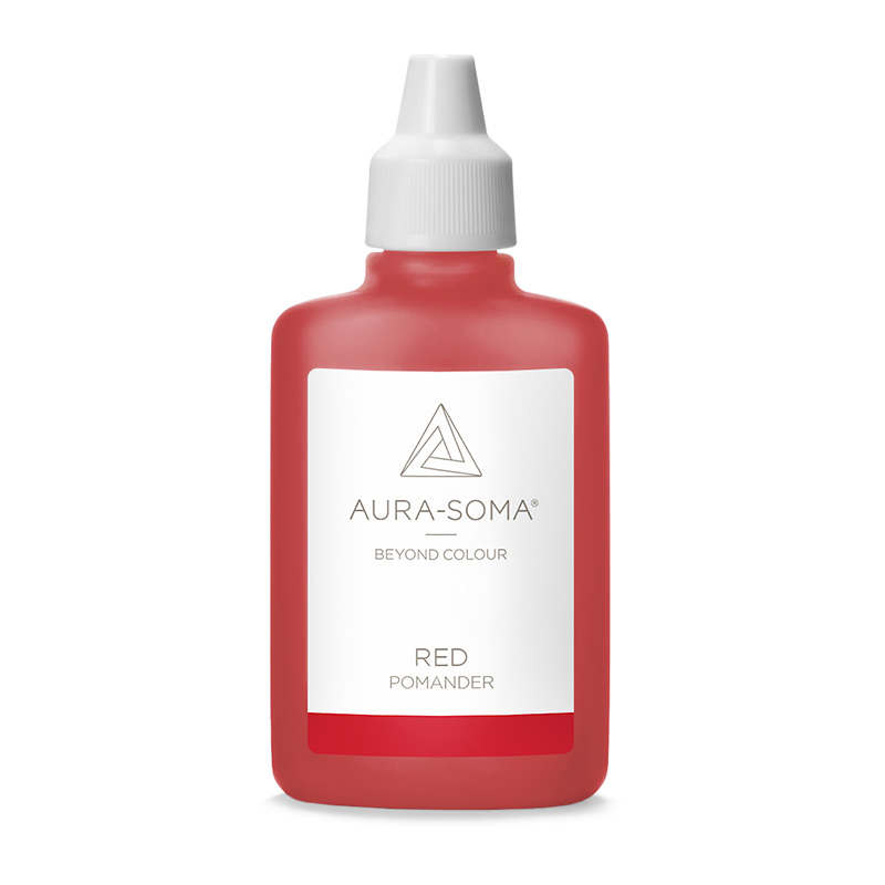 Aura-Soma Pomander red – handliche Kunststoffflasche mit rotfarbener Flüssigkeit und weißem Etikett mit Aura-Soma-Logo.