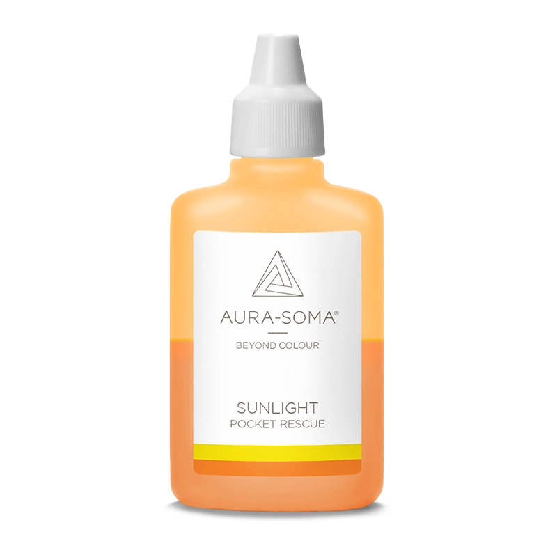 Aura-Soma Pocket Flasche Sunlight Handliches Kunststofffläschchen mit der Aufschrift Sunlight Pocket Rescue und dem Aura-Soma Logo