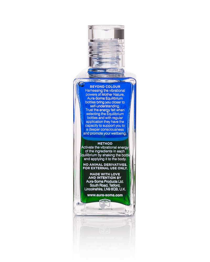 Aura-Soma Equilibrium B03 Textansicht Aura-Soma Equilibrium Flasche B003 Herzflasche: Blau über Grün. Eine zweischichtige Glasflasche mit klarem Deckel.