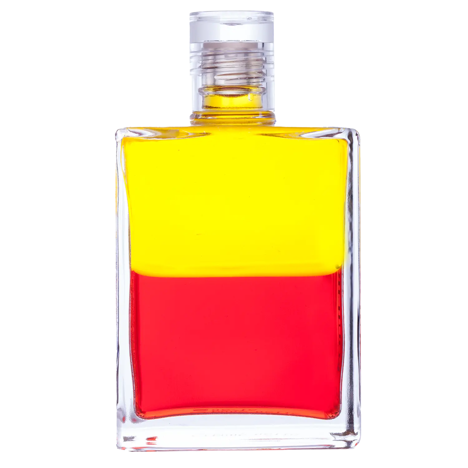 Aura-Soma Equilibrium Flasche B005 Sonnenaufgangs- und Sonnenuntergangsflasche: Gelb über Rot. Eine zweischichtige Glasflasche mit klarem Deckel.
