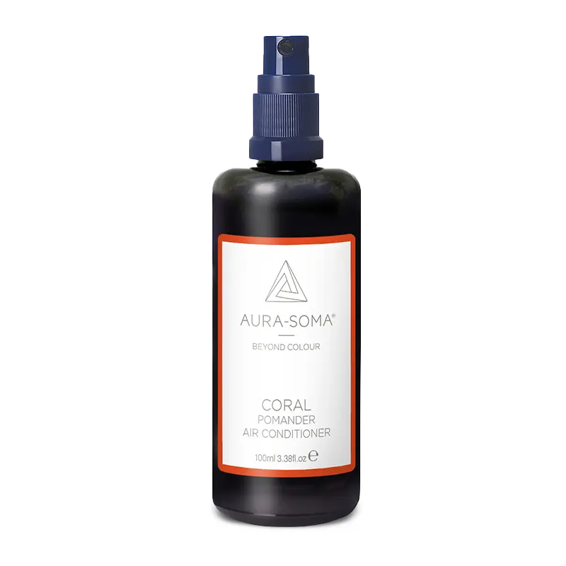 Aura-Soma Pomander Raumspray Coral – Braunes Sprayfläschchen mit Sprühkopf, enthält eine beruhigende Duftkomposition zur energetischen Raumpflege.