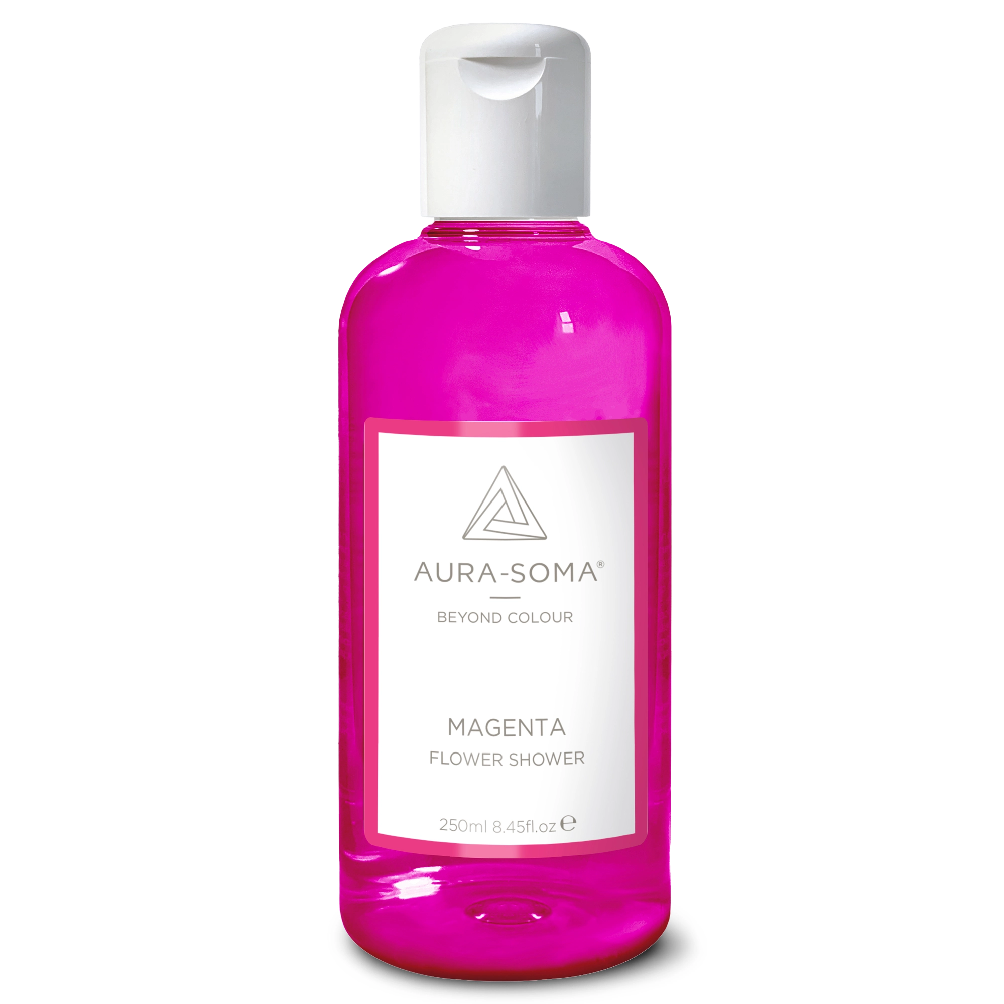 Aura-Soma Duschbad Magenta Durchsichtige Kunststoffflasche mit weißem Klappverschluss. Enthält magentafarbiges Aura-Soma Duschgel zur energetischen Reinigung und Pflege.