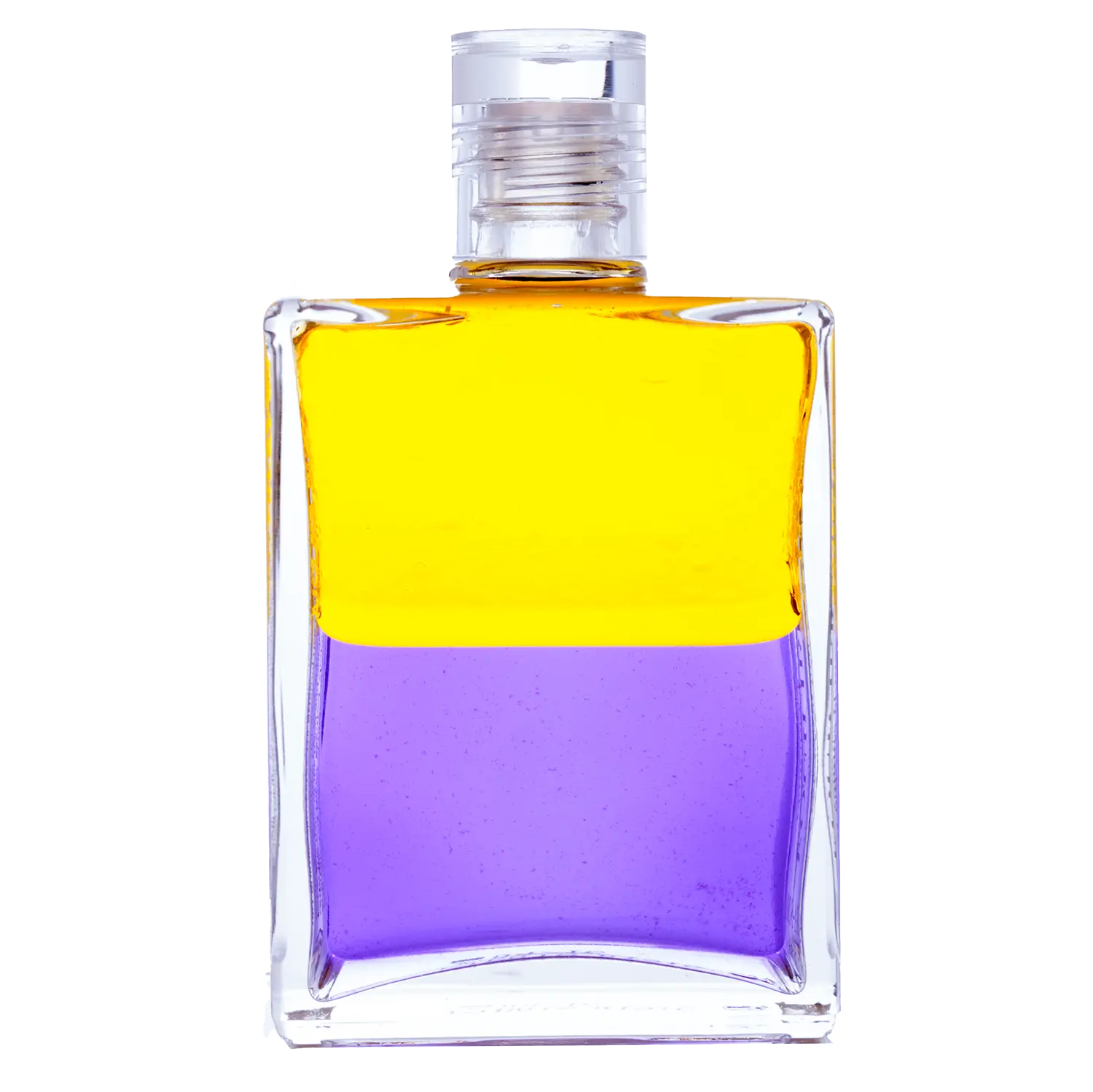 Aura-Soma Equilibrium Flasche B18 Name der Flasche: Wendepunkt Gelb über Violett. Eine zweischichtige Glasflasche mit klarem Deckel.