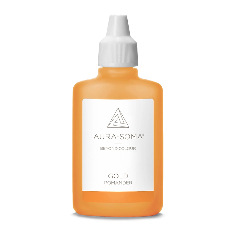 Aura-Soma Pomander Gold Aura-Soma Pomander Gold – handliche Kunststoffflasche mit goldfarbener Flüssigkeit und weißem Etikett mit Aura-Soma-Logo.