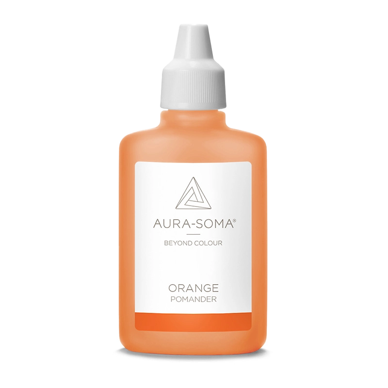 Aura-Soma Pomander Orange Aura-Soma Pomander Orange – handliche Kunststoffflasche mit orangefarbener Flüssigkeit und weißem Etikett mit Aura-Soma-Logo.