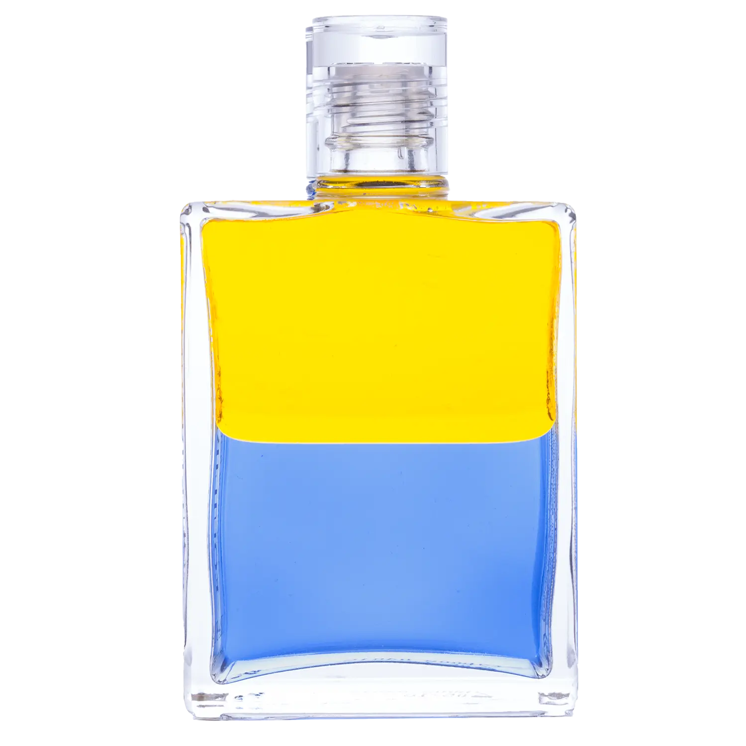 Aura-Soma Equilibrium Flasche B008 Anubis: Gelb über Blau. Eine zweischichtige Glasflasche mit klarem Deckel.