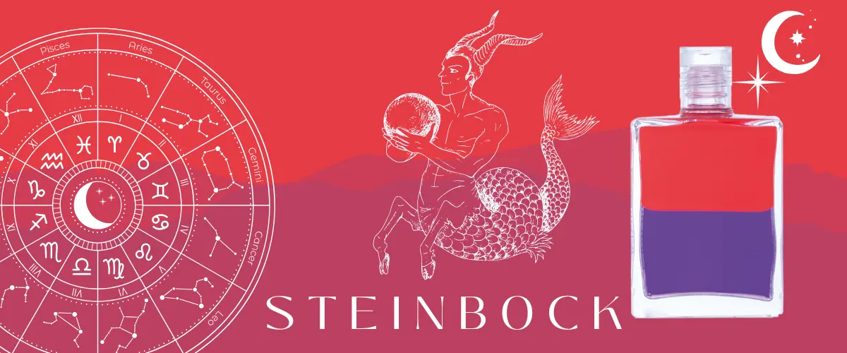 Das Sternzeichenrad und eine große Steinbockfigur mit der Aura-Soma Flasche B19 und dem Schriftzug Steinbock. Die Flasche hat die Farben Rot über Blau.