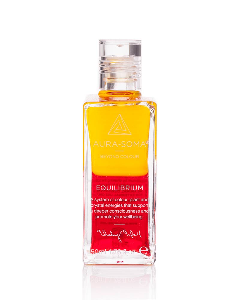 Aura-Soma Equilibriumflasche B05 Aura-Soma Equilibrium Flasche B005 Sonnenaufgangs- und Sonnenuntergangsflasche: Gelb über Rot. Eine zweischichtige Glasflasche mit klarem Deckel. Zu sehen auch die Unterschrift von Vicky Wall.