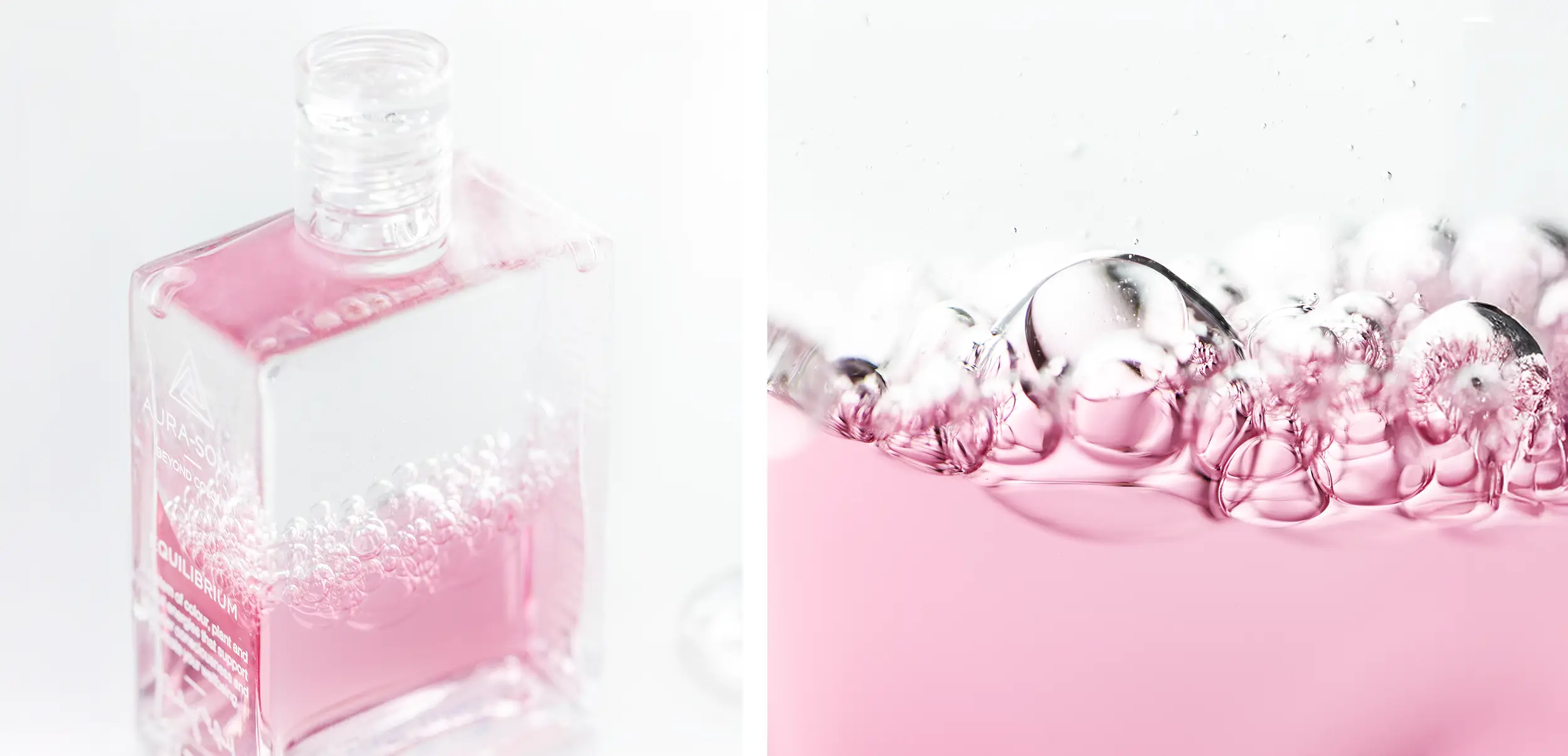 Aura-Soma Equilibrium Flaschen für Balance und Wohlbefinden entdecken Aura-Soma Equilibrium Flasche B11 und daneben Detailaufnahme mit Farbschichten und aufsteigenden Blasen