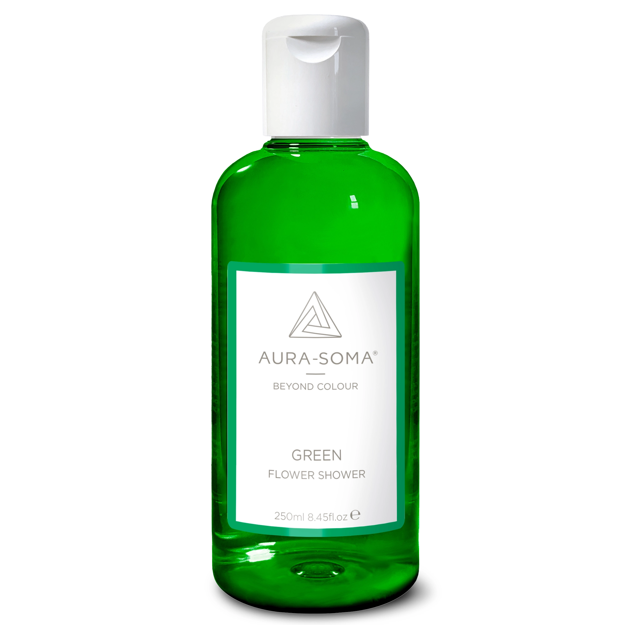 Aura-Soma Duschbad Grün Durchsichtige Kunststoffflasche mit weißem Klappverschluss. Enthält grünes Aura-Soma Duschgel zur energetischen Reinigung und Pflege.
