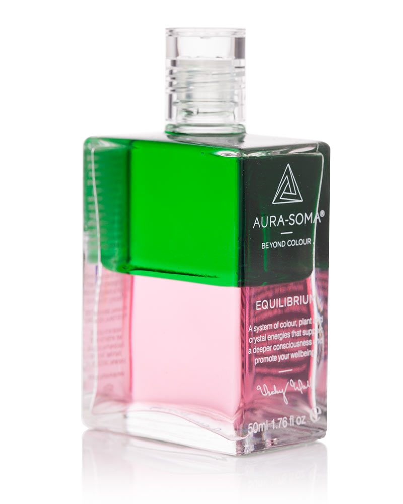 Aura-Soma Equilibrium B21 Neubeginn für Liebe Aura-Soma Equilibrium Flasche B21 Name der Flasche: Neubeginn für Lieb: Grün über Rosa: Eine zweischichtige Glasflasche mit klarem Deckel. Seitenansicht.