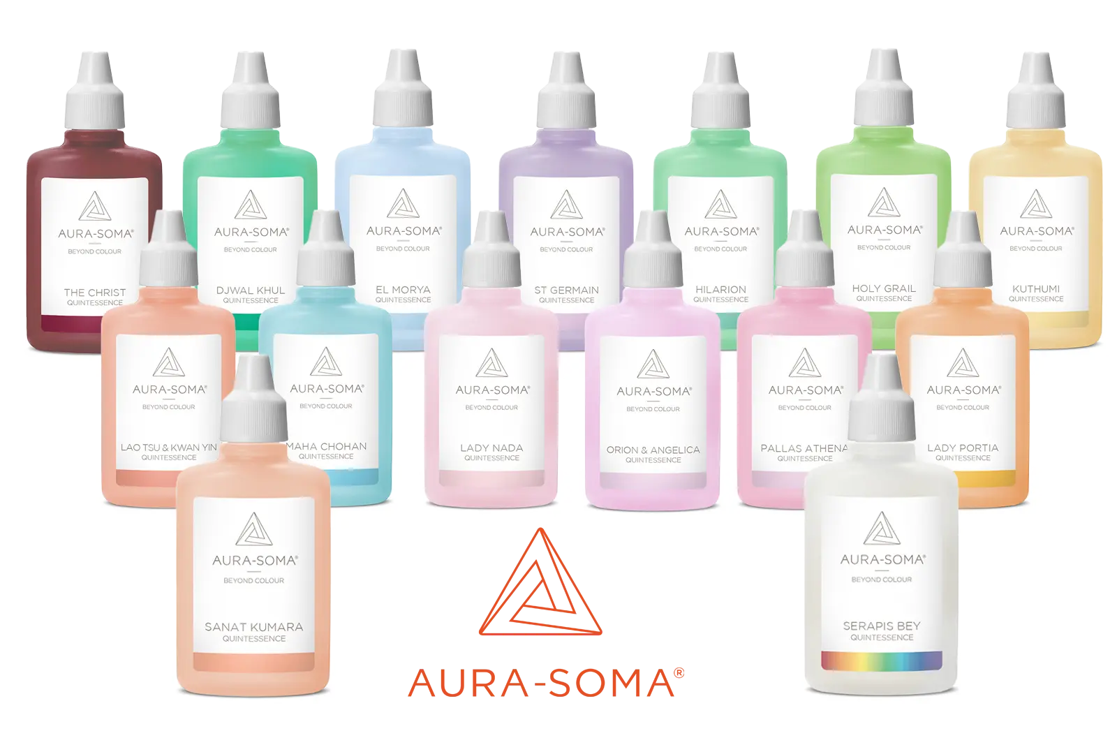 Aura-Soma Quintessenzen Banner Übersicht Alle fünfzehn Aura-Soma Quintessenzen auf drei Ebenen angeordnet mit dem Aura-Soma Logo.