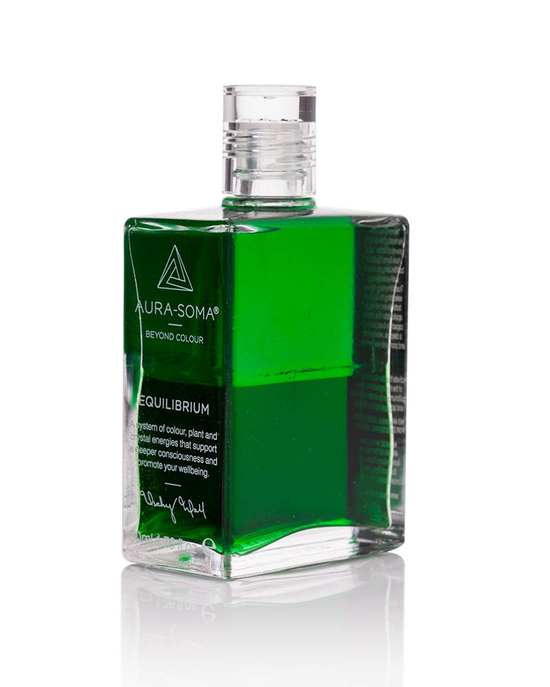 Aura-Soma Equilibrium Flasche B10 Name der Flasche: Geh, und umarme einen Baum: Grün über Grün. Eine zweischichtige Glasflasche mit klarem Deckel.