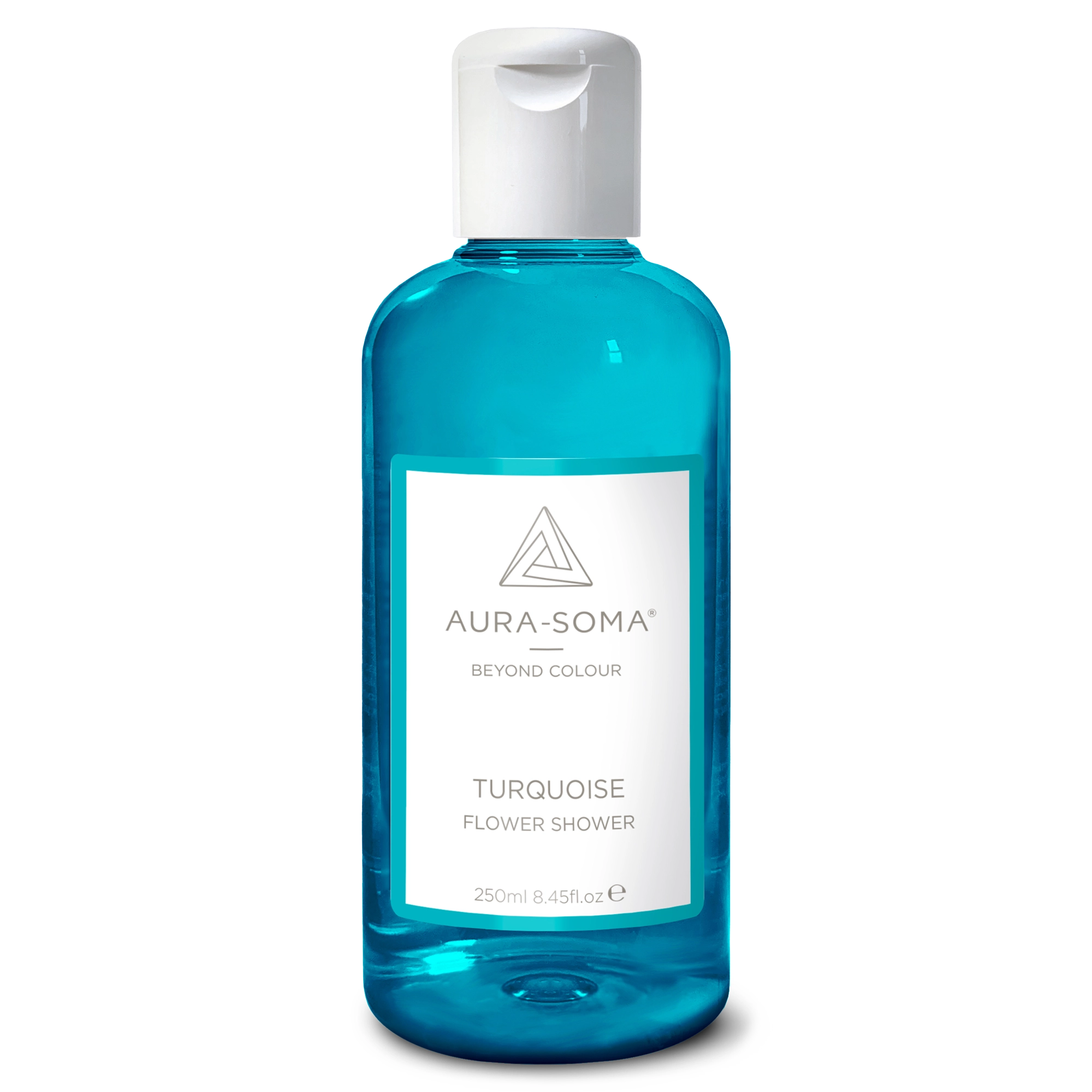 Aura-Soma Duschbad Türkis Durchsichtige Kunststoffflasche mit weißem Klappverschluss. Enthält Türkises Aura-Soma Duschgel zur energetischen Reinigung und Pflege.