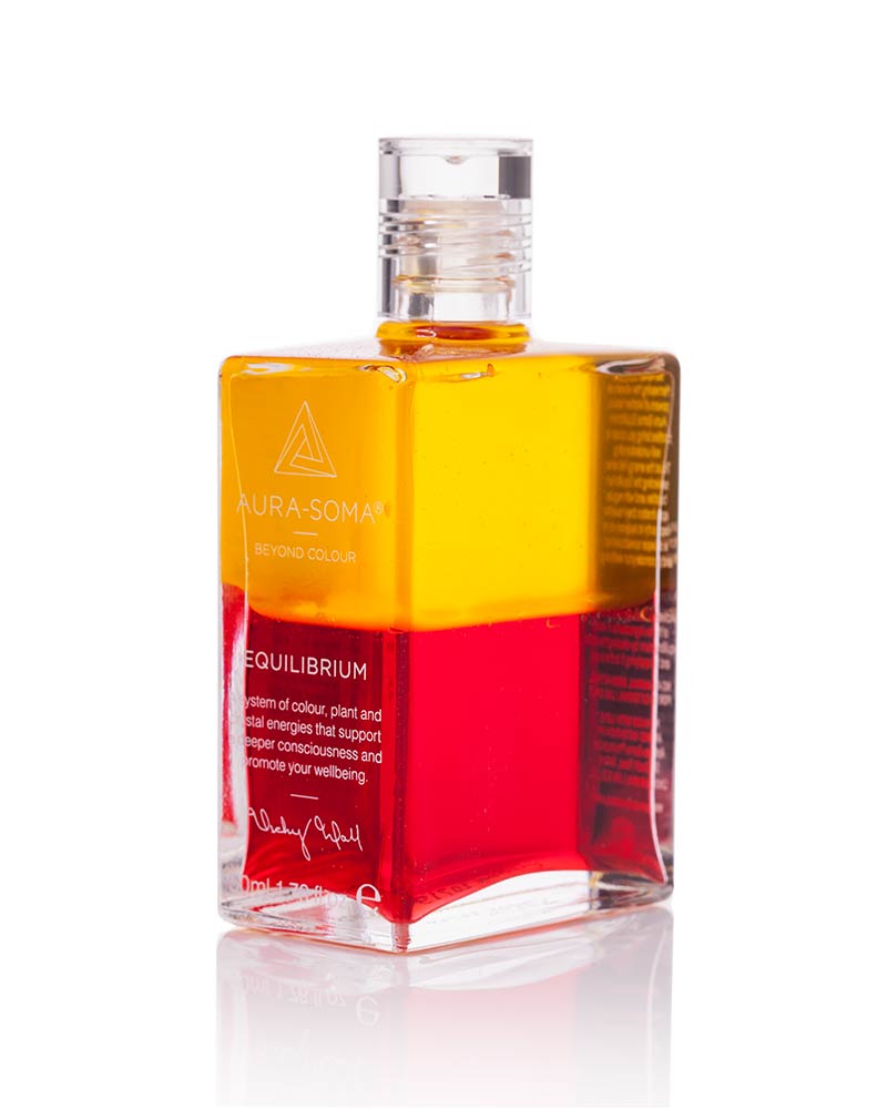 Aura-Soma_Equilibriumflasche B05 Aura-Soma Equilibrium Flasche B005 Sonnenaufgangs- und Sonnenuntergangsflasche: Gelb über Rot. Eine zweischichtige Glasflasche mit klarem Deckel.