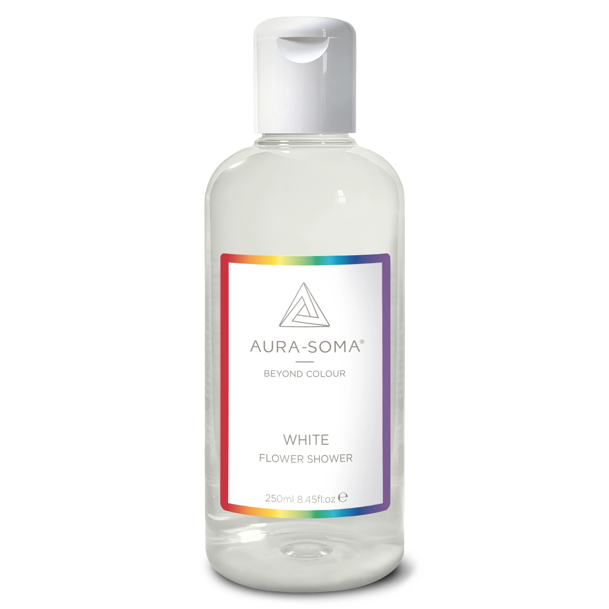 Aura-Soma Duschbad Weiß Durchsichtige Kunststoffflasche mit weißem Klappverschluss. Enthält klarem Aura-Soma Duschgel zur energetischen Reinigung und Pflege.