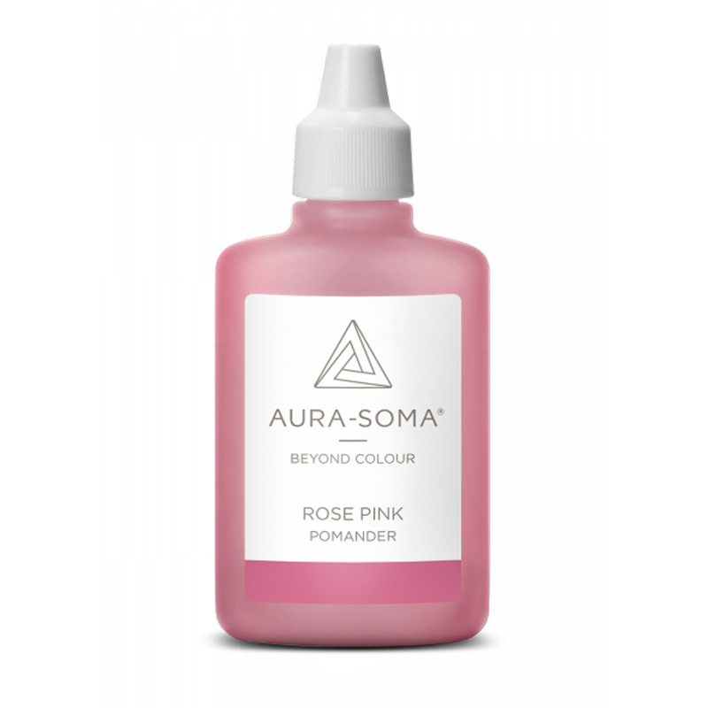 Aura-Soma Pomander Rose Pink Aura-Soma Pomander Rose Pink – handliche Kunststoffflasche mit pinkfarbener Flüssigkeit und weißem Etikett mit Aura-Soma-Logo.