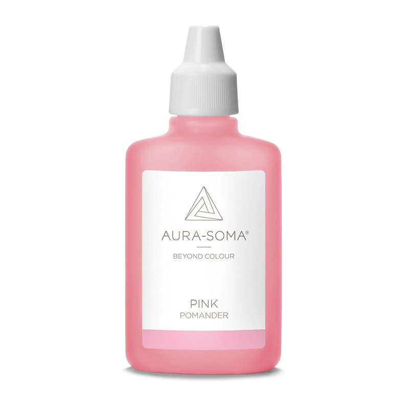 Aura-Soma Pomander Pink Aura-Soma Pomander Pink – handliche Kunststoffflasche mit rosafarbener Flüssigkeit und weißem Etikett mit Aura-Soma-Logo.