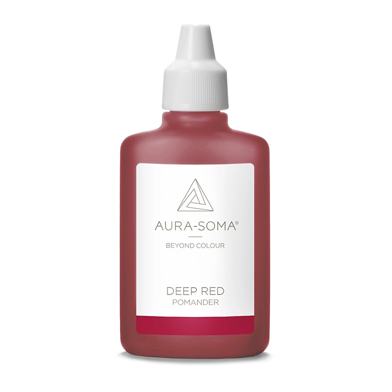 Aura-Soma Pomander  Deep Red Aura-Soma Pomander Tiefrot – handliche Kunststoffflasche mit tiefrotfarbener Flüssigkeit und weißem Etikett mit Aura-Soma-Logo.