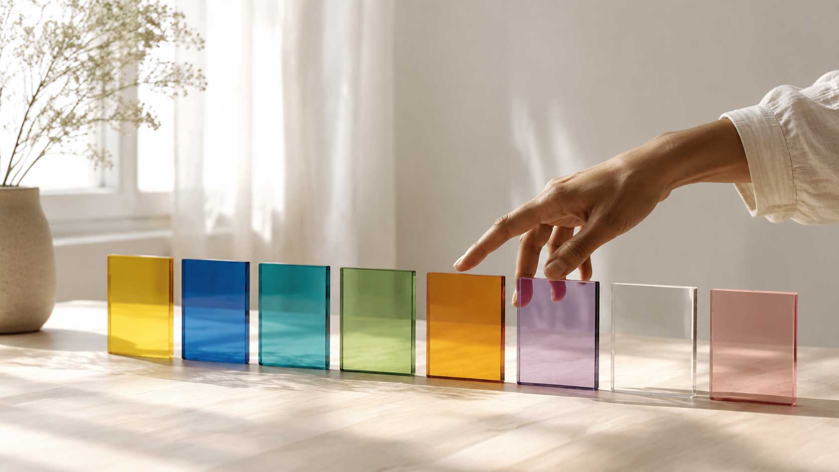 Eine Hand hält über acht farbigen Glasflächen inne