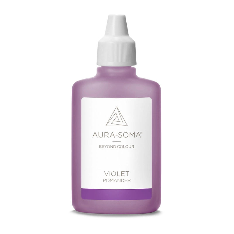 Aura-Soma Pomander Violet Aura-Soma Pomander Violet – handliche Kunststoffflasche mit violettfarbener Flüssigkeit und weißem Etikett mit Aura-Soma-Logo.