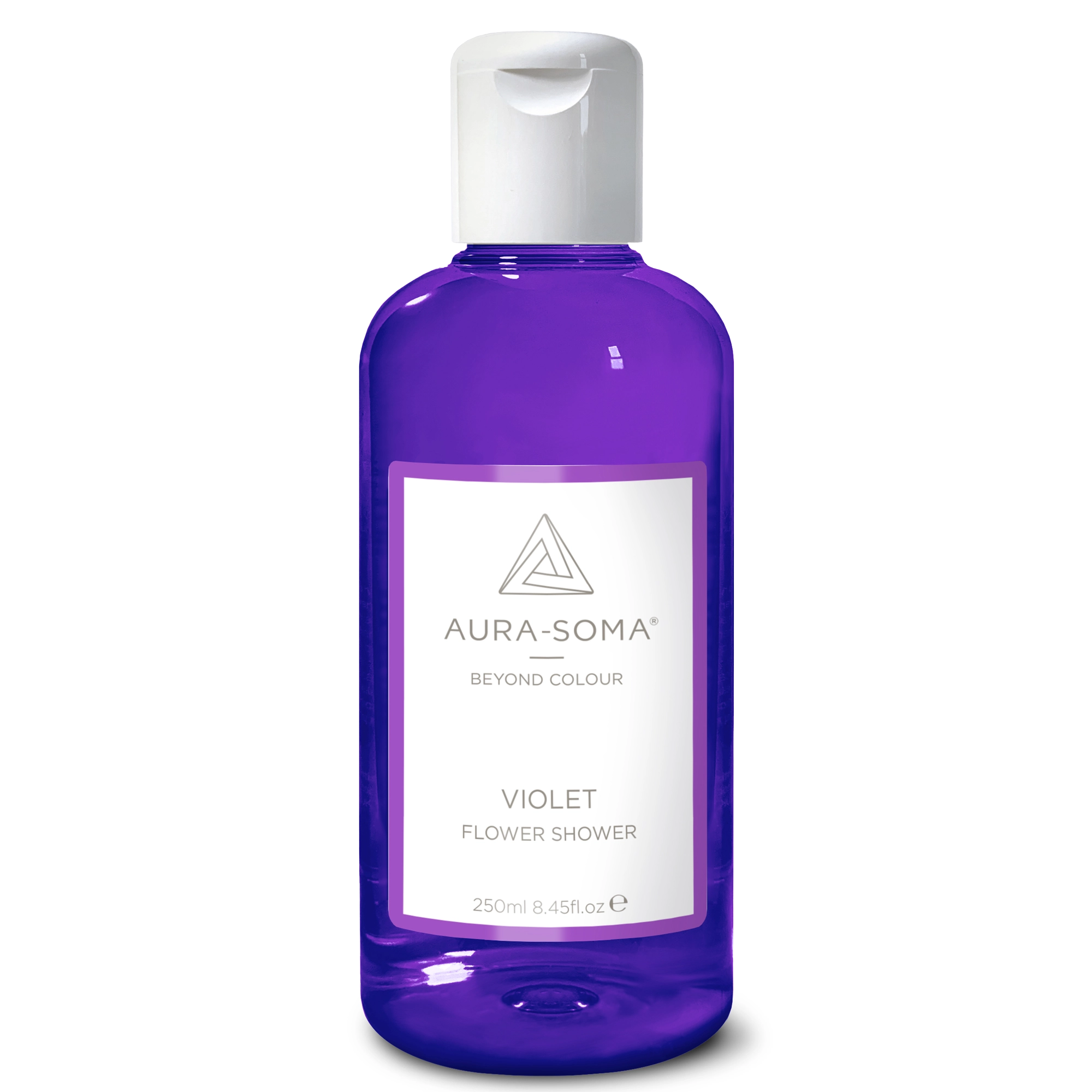 Aura-Soma Duschbad Violet Durchsichtige Kunststoffflasche mit weißem Klappverschluss. Enthält Violetts Aura-Soma Duschgel zur energetischen Reinigung und Pflege.