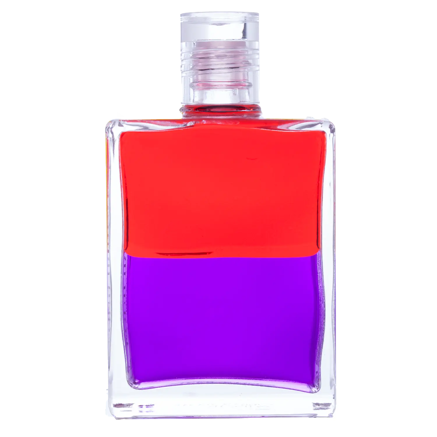 Aura-Soma Equilibrium Flasche B19 Name der Flasche: In der materiellen Welt leben Rot über Violett. Eine zweischichtige Glasflasche mit klarem Deckel.