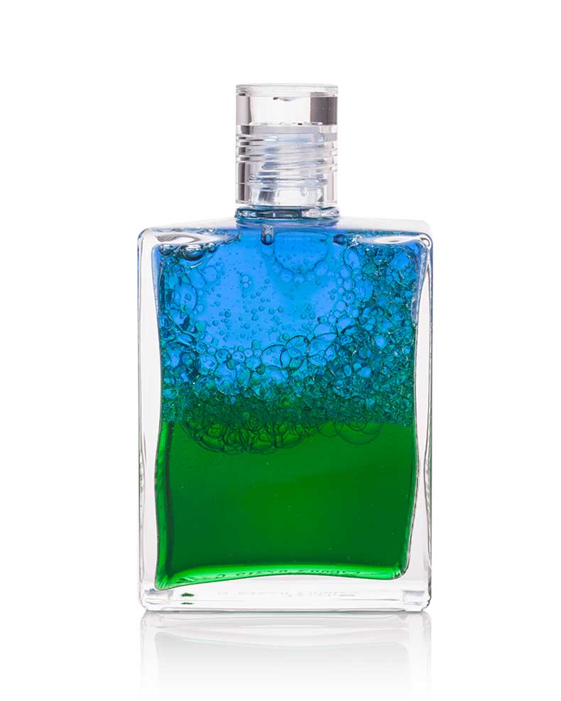 Aura-Soma Equilibrium B03 Aura-Soma Equilibrium Flasche B003 Herzflasche: Blau über Grün. Eine zweischichtige Glasflasche mit klarem Deckel. Die farben sind auf dem Bild verschüttelt.