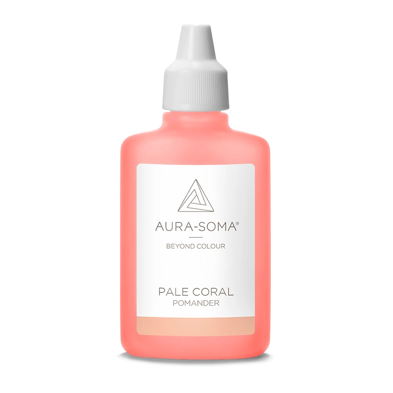 Aura-Soma Pomander Pale Coral Aura-Soma Pomander Pale Coral – handliche Kunststoffflasche mit coralfarbener Flüssigkeit und weißem Etikett mit Aura-Soma-Logo.