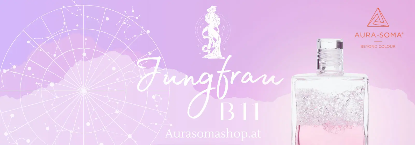 Symbol des Sternzeichen Jungfraus mit der Aura-Soma Logo und der Equilibriumflasche B11 in den Farben weiß und Rosa