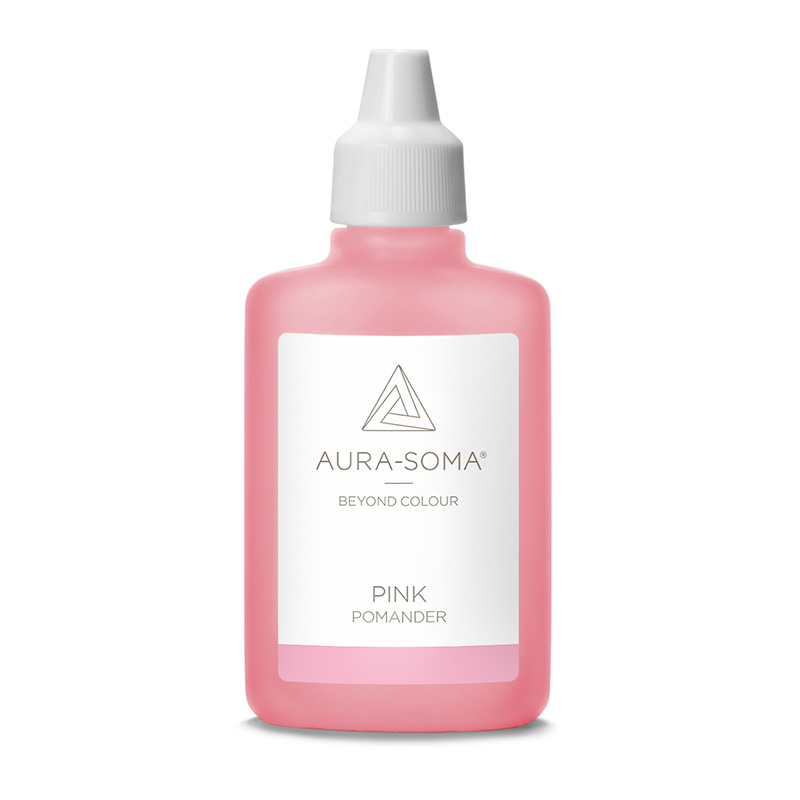 Aura-Soma Pomander Pink Aura-Soma Pomander Pink – handliche Kunststoffflasche mit rosafarbener Flüssigkeit und weißem Etikett mit Aura-Soma-Logo.