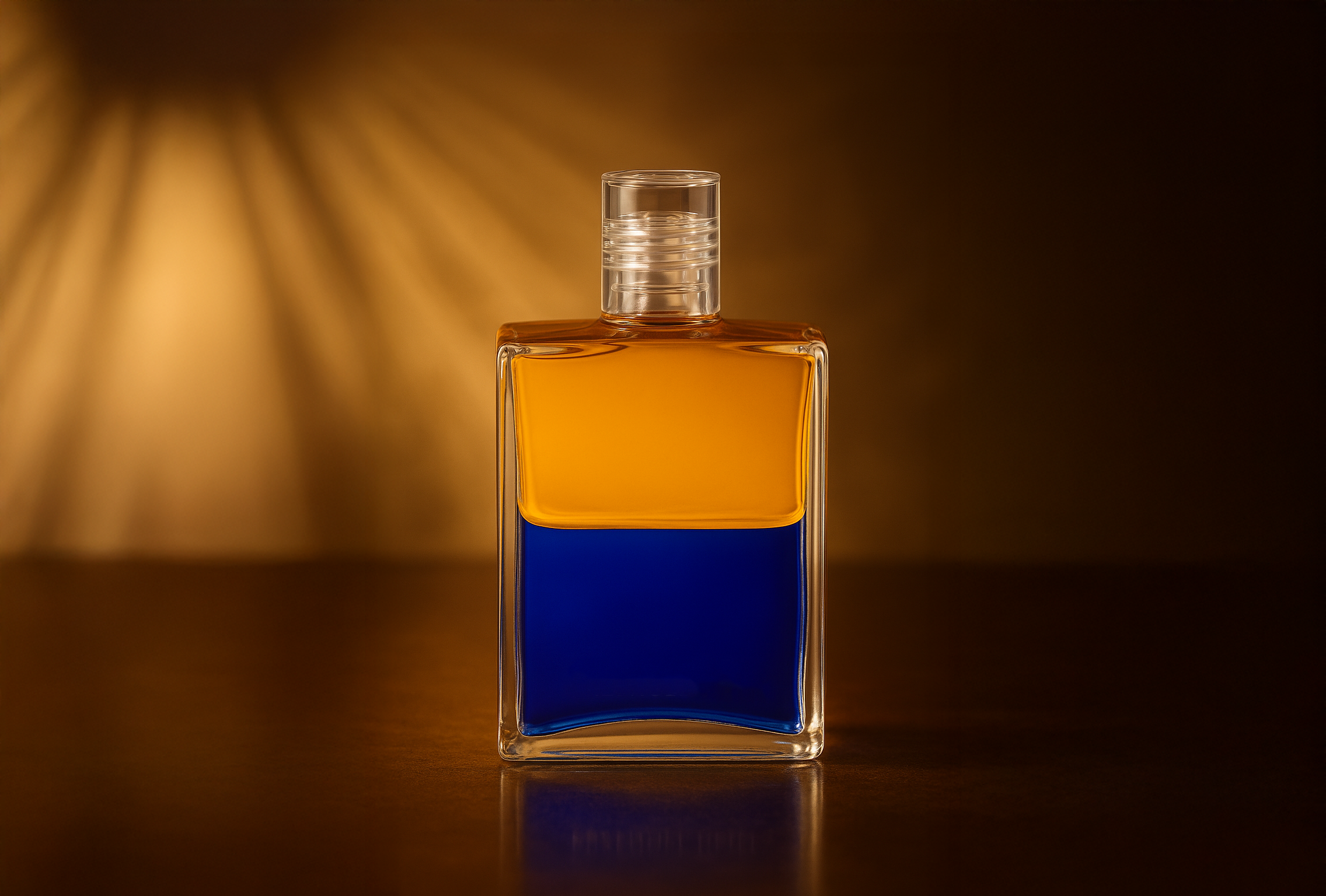 Aura-Soma Flasche B97 auf Eichenholz mit einem Spott angestrahlt.