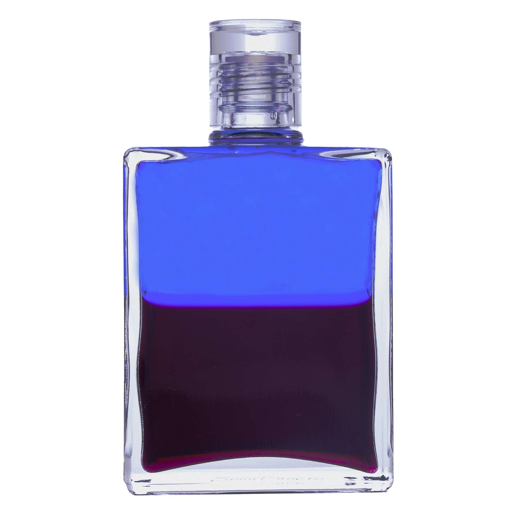 Aura-Soma Equilibrium Flasche B01 Körperliches Notfallöl: Blau über Tiefmagenta. Eine zweischichtige Glasflasche mit klarem Deckel.