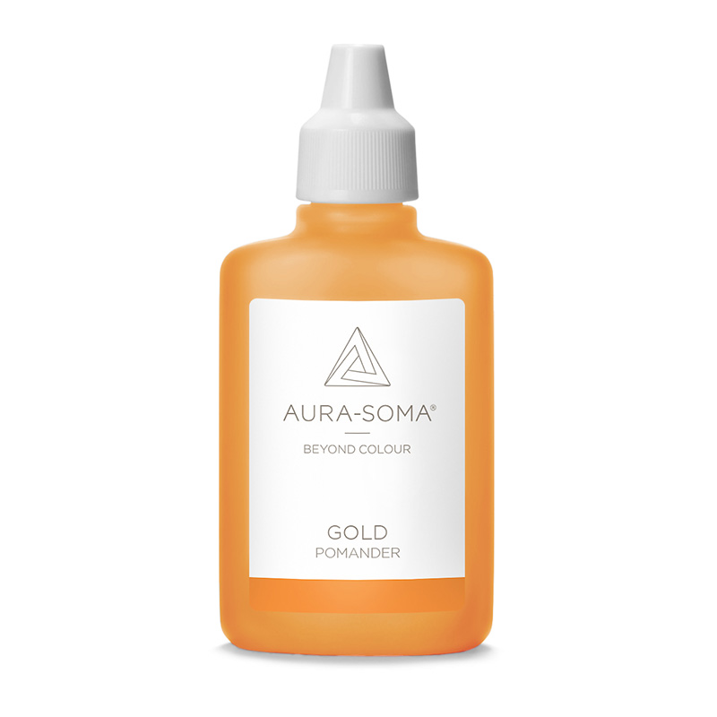 Aura-Soma Pomander Gold – handliche Kunststoffflasche mit goldfarbener Flüssigkeit und weißem Etikett mit Aura-Soma-Logo.