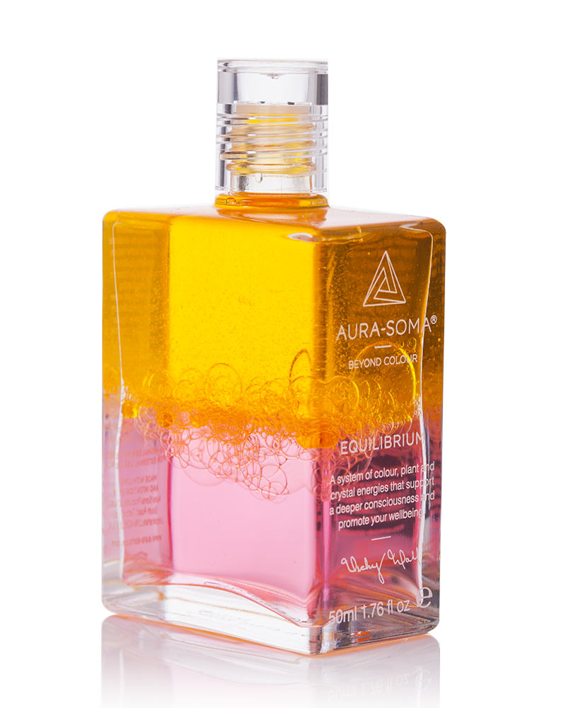 Aura-Soma Equilibrium Flasche B22 Name der Flasche: Der Rebirther: Gelb über Rosa: Eine zweischichtige Glasflasche mit klarem Deckel.  verschüttelt