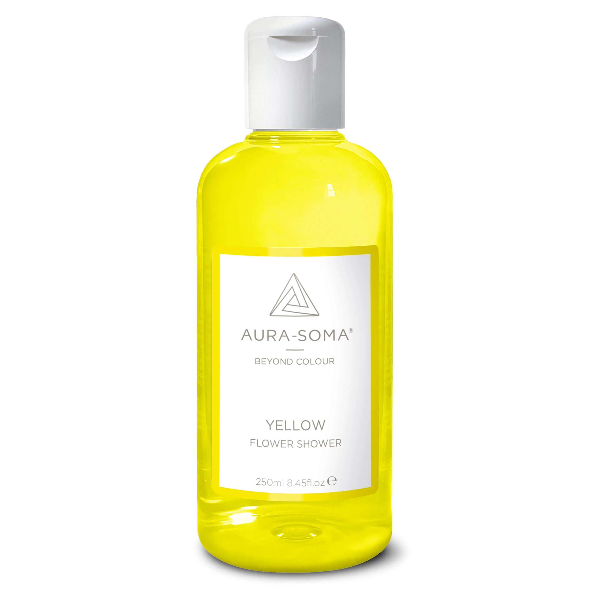 Aura-Soma Duschbad Yellow Durchsichtige Kunststoffflasche mit weißem Klappverschluss. Enthält gelbarbenes Aura-Soma Duschgel zur energetischen Reinigung und Pflege.