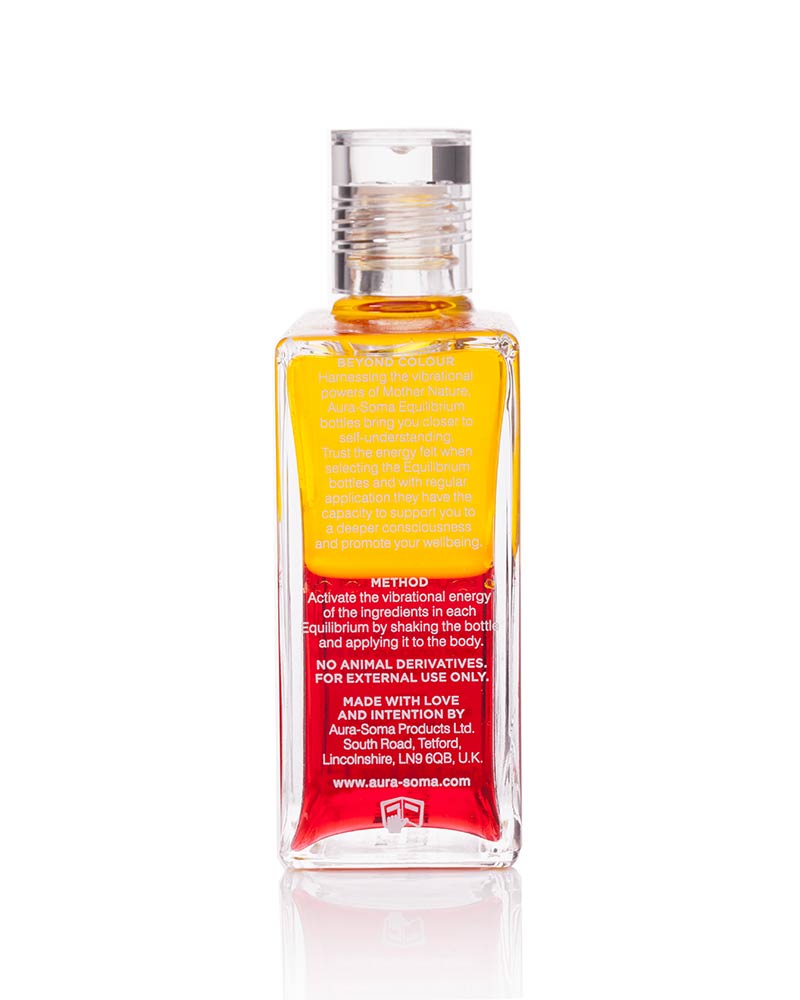 Aura-Soma Equilibriumflasche B05 Textansicht Aura-Soma Equilibrium Flasche B005 Sonnenaufgangs- und Sonnenuntergangsflasche: Gelb über Rot. Eine zweischichtige Glasflasche mit klarem Deckel.
