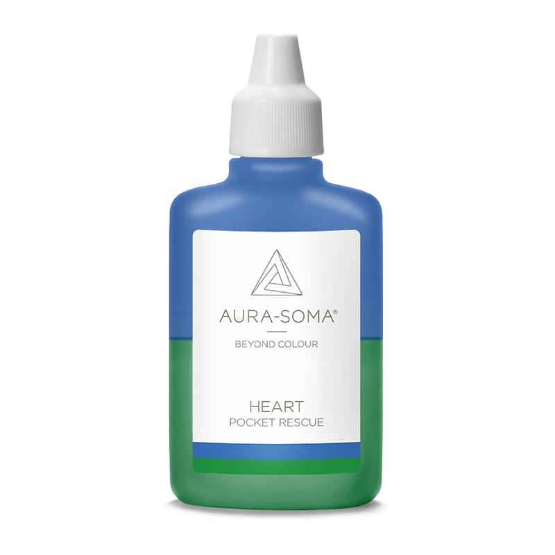 Aura-Soma Pocket Flasche Heart Handliches Kunststofffläschchen mit der Aufschrift Heart Pocket Rescue und dem Aura-Soma Logo