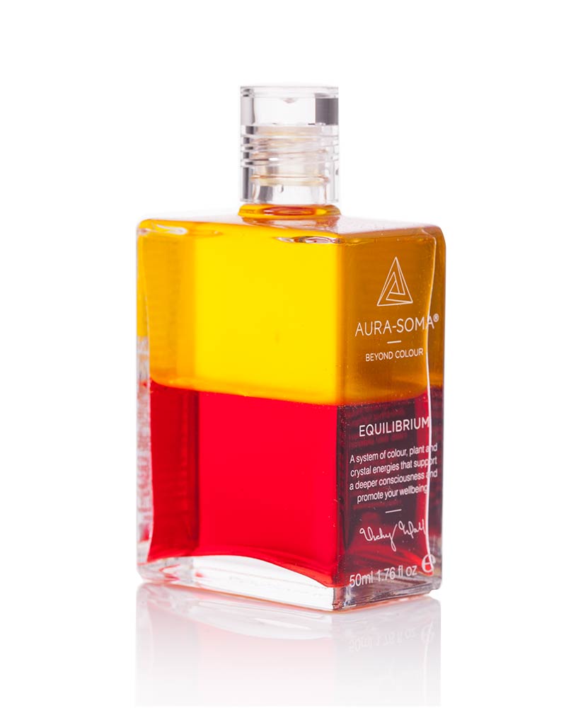 Aura-Soma Equilibriumflasche B05 Logoansicht Aura-Soma Equilibrium Flasche B005 Sonnenaufgangs- und Sonnenuntergangsflasche: Gelb über Rot. Eine zweischichtige Glasflasche mit klarem Deckel. Seitenansicht