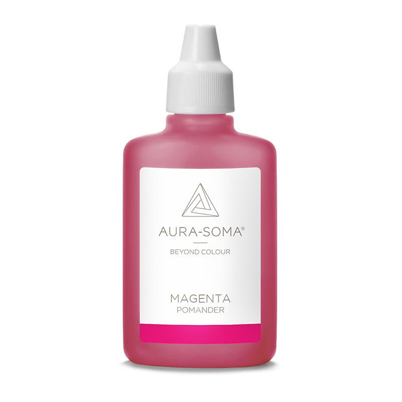 Aura-Soma Pomander Magenta Aura-Soma Pomander Magenta – handliche Kunststoffflasche mit magentafarbener Flüssigkeit und weißem Etikett mit Aura-Soma-Logo.